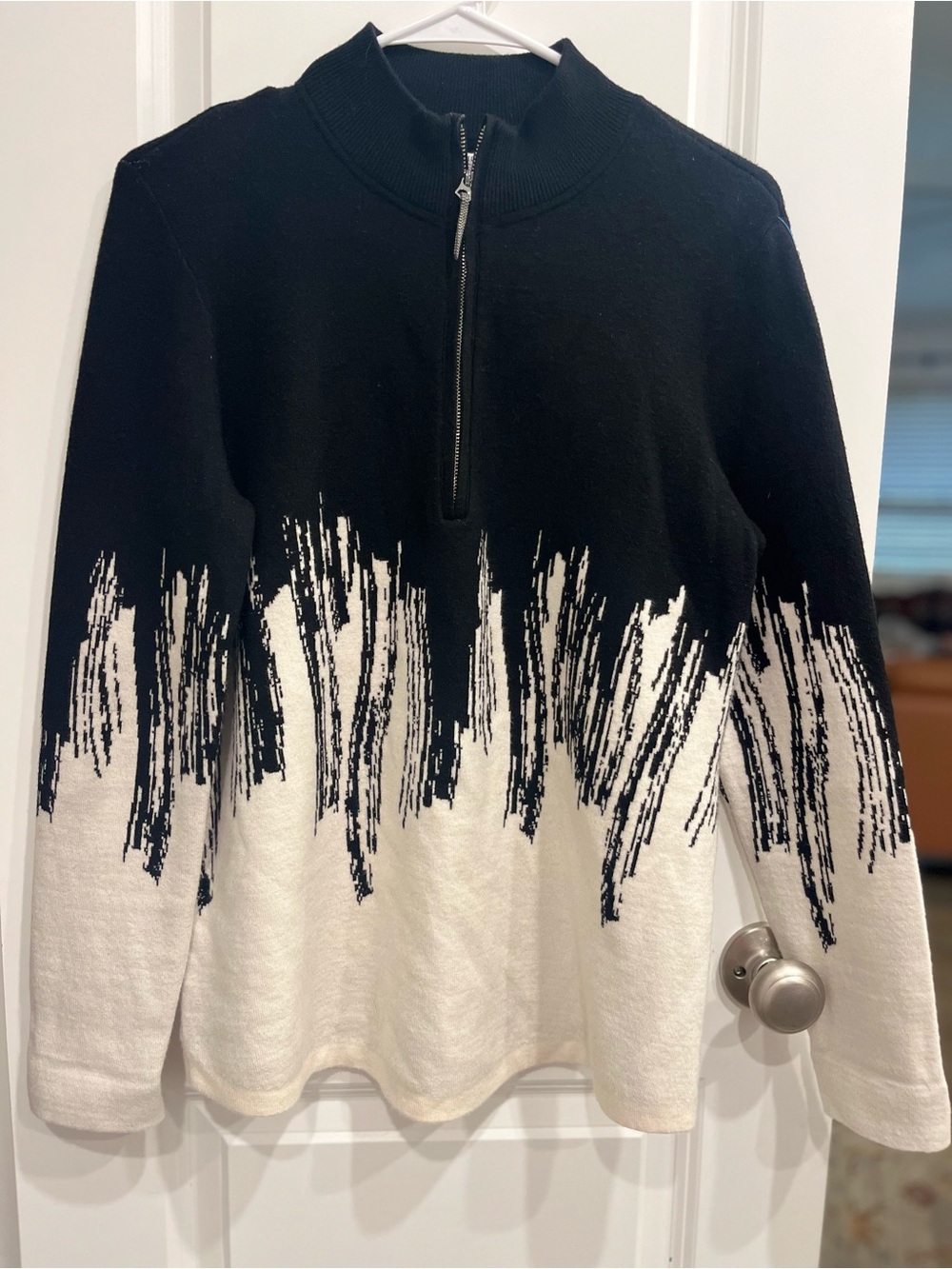 Chico's Black and White Half-Zip Brushstroke Sweater